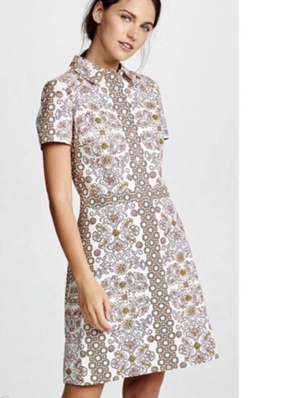 Tory Burch Port Print Pastel 100% Cotton Poplin Mini Sheath Shirt Dress Pocket 6